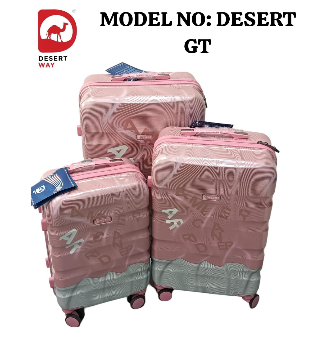 DESERT GT TROLLEY SUITCASE Hard Sided PC 8 Wheel Spinners 3PC SET, with Telescopic Steel Trolley and Number Lock Zebra Peach